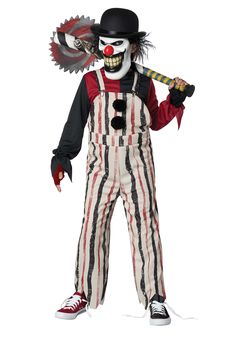 the clown is holding a baseball bat in his right hand and wearing striped overalls