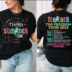 two pictures of the back and front of a t - shirt with teacher's tour written on it