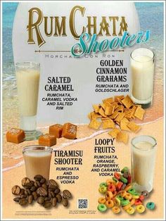 an advertisement for rumchata shows different types of drinks and cereals on the beach