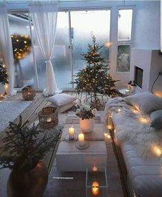 a living room filled with lots of furniture and christmas trees in the window sill