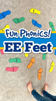 a person laying on the floor with their feet up and text fun phonics eefeet