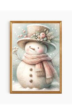 a painting of a snowman wearing a hat and scarf with flowers on his head