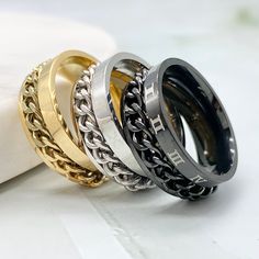 Fidget Ring also known as spinner ring with chain that can rotate for fidgeting. Anxiety ring spinning chain for both men an women.  Made of high quality Stainless Steel (316L) which is water-resistant and can last for years without changing color or rusting. I will ship your order with Tracking and it should be delivered between 2 to 4 working  days. Thank you for supporting my business, please contact me anytime and I will do my very best to help and make you happy with your order. Ring With Chain, Ring Spinning, Spinning Ring, Worry Ring, Spinning Rings, Fidget Rings, Chain Silver, Spinner Ring, Spinner Rings