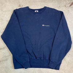 Vintage 90s Champion Crewneck Sweatshirt L Single V Spell Out Logo Navy. Chest 24.75” Length 25.5” Adidas Equipment, Champion Crewneck, Champion Sweatshirt, Sweatshirt Crewneck, Cotton Fleece, Dream Wardrobe, Pullover Sweatshirt, All Seasons, Crewneck Sweatshirt