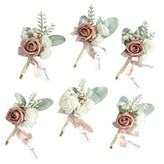 six boutonnieres with flowers and leaves on them