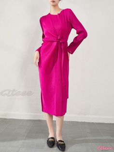 Long Sleeve Wrap Dress with Belted Waist and Elegance Long Sleeve Pink Belted Midi Dress, Spring Dresses With Tie Waist And Stretch Fit, Spring Stretch Dress With Tie Waist, Belted Stretch Dresses For Spring, Pink Sheath Dress For Fall, Spring Stretch Belted Dresses, Elegant Pink Midi Dress With Tie Waist, Long Skirt Formal, Comfortable Maxi Dresses