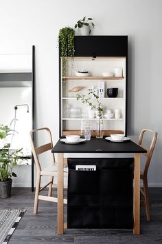 a dining room table with two chairs and a shelf filled with plants on top of it