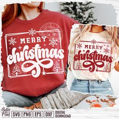 two women wearing christmas t - shirts with merry lettering on the front and back side