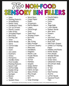 the seven non - food sensory bin fillers are shown in this printable list