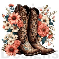 Cowgirl Boot Background, Boots With Flowers, Phone Wallpaper Pastel, Boots Png, Floral Png, Png Floral, Flowers Png, Sunflower Art, Painted Denim