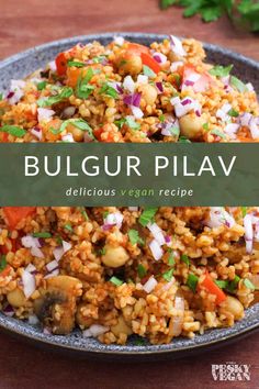 bulgur pilav with onions, carrots and green onions in a bowl