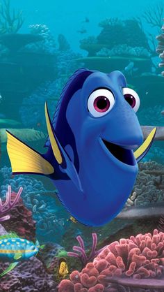 an animated blue fish with big eyes swimming in the ocean next to corals and other marine life