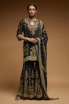 Black kurta with all over floral butti prints and rhinestone embroidery. Paired with a sharara with floral prints and dupatta with floral blossom prints. - Aza Fashions Nida Azwer, Velvet Dupatta, Kurta Sharara Set, Zardozi Work, Kurta Sharara, Red Shawl, Blue Shawl, Black Shawl, Keyhole Neck