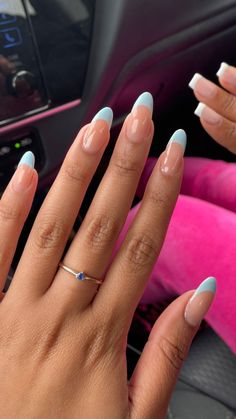 Baby blue french tip nails, almond shape Ongles Baby Blue, French Nails Design, Nails Light Blue, Nails Black Women, Nails Acrylic Almond, Acrylic Nails Almond Shape, Almond Nails French, Nails Short Acrylic, Nails Acrylic Square