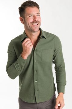 Shop Elm Green Brushed Button-Down Shirt at Ash & Erie - FREE shipping, exchanges, and returns. Our clothes are designed from scratch for shorter men 5’8” and under. Casual Long Sleeve Wool Shirt, Everyday Long Sleeve Wool Tops, Versatile Long Sleeve Shirt For Casual Gatherings, Shopping List, From Scratch, Mens Shorts, Button Downs, Ash, Button Down Shirt