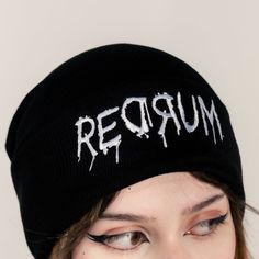 Introducing the Redrum Beanie, a high-quality unisex black acrylic beanie that's both durable and comfortable. Featuring an intricate embroidery design, this beanie is a true statement piece, perfect for adding a bold touch to any outfit. Enjoy lasting comfort and standout style with this exceptional accessory. Alternative Beanie For Streetwear, Alternative Style Black Beanie Hat, Black Punk Beanie Hat, Punk Black Beanie Hat, Punk Style Black Beanie Hat, Unisex Black Beanie Hat, Black Cotton Beanie Cap, Fitted Beanie For Streetwear, Adjustable Black Beanie For Streetwear