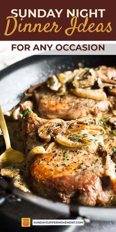 a skillet with meat and mushrooms in it