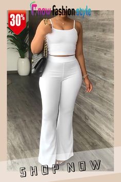 White Casual Solid Split Joint Spaghetti Strap Sleeveless Two Pieces Flare Leg Pants Outfit, Leg Pants Outfit, Sleeveless Suit, Two Piece Pants Set, Spaghetti Strap Tank Top, U Neck, Suit Fashion, White Casual, Summer Outfits Women