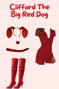 a woman in red dress and boots next to a dog's head with the caption, cliffford the big red dog