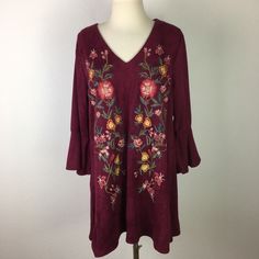 Umgee Nwot Maroon Embroidered Dress Small Faux Microsuede Fabric 20" Pit To Pit 33.5" Length Jj21 -1531 Ppkinv Fall V-neck Dress With Embroidered Hem, Red Floral Embroidered Dress For Fall, Red Bell Sleeve Dress For Spring, Fall Floral Embroidered V-neck Dress, V-neck Dress With Floral Embroidery For Fall, Spring Embroidered Red Mini Dress, Spring Embroidered Bell Sleeve Dress, Spring Bell Sleeve Embroidered Dress, Floral Embroidered Knee-length Dress For Fall