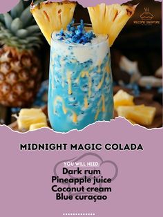 an advertisement with pineapple and blue custard on it