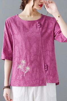 Plus Size-Summer Embroidered Cotton T-Shirt Loose Mid Sleeve Tops Spring Embroidered V-neck T-shirt, Casual Blouse With Floral Embroidery And Half Sleeves, Casual Floral Embroidered Short Sleeve Blouse, Casual Short Sleeve Blouse With Floral Embroidery, Spring Tops With Floral Embroidery And Half Sleeves, Summer Half Sleeve Cotton Blouse, Casual Short Sleeve Embroidered Summer Top, Casual Embroidered Short Sleeve Top For Spring, Summer Cotton Blouse, Half Sleeve