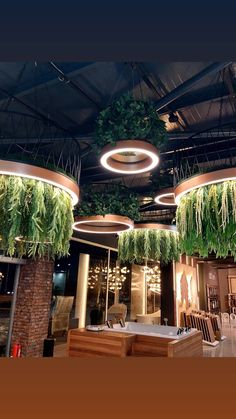 the inside of a building with plants hanging from it's ceiling and lights on either side