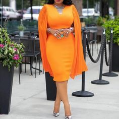 Evening Dinner Party Orange Long Sleeve Dress Autumn Fall Women Bod... Evening Dinner Party, Orange Long Sleeve Dress, Dinner Party Dress, Cape Sleeve Dress, Mid Dress, Evening Dinner, Plus Size Mini Dresses, Orange Long Sleeve, Midi Pencil Dress