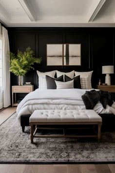 bedroom decor, bedroom ideas for tiny rooms, bedroom decor, bedroom layouts ideas, farmhouse bedroom ideas, modern bedroom decor ideas, bedroom wardrobe design, bedroom remodel ideas #bedroomideas White Bedding Black Bed, Bedrooms With Black Accents, Black And Natural Wood Bedroom Ideas, Black And White Walls Bedroom, Primary Bedroom Black Furniture, Black Coastal Bedroom, Tricorn Black Accent Wall Master Bedrooms, Black Accent Wall Master Bed, Black Wainscoting Bedroom