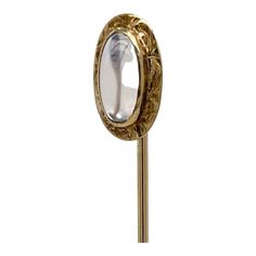 A very fine antique Edwardian gold and moonstone stickpin.  With a smooth, oval moonstone cabochon bezel set in 10k gold with decorative oval frame.  Simply a great stickpin!  Date: Early 20th Century  Overall Condition: It is in overall good, as-pictured, used estate condition with some very fine & light surface scratches and other signs of expected light wear consistent with age.  Fineness: Unmarked for gold fineness. Professionally tests at 10k.  Measurements: Length: ca. 58 mm Width: ca. 7 m Tie Pin, Oval Frame, Stick Pins, Best Wear, 10k Gold, Early 20th Century, Bezel Setting, Vintage Antiques, Moonstone