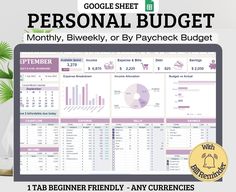 the personal budget planner is displayed in front of a computer screen and potted plant