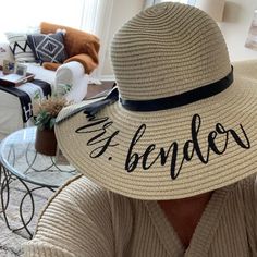 Personalized Mrs. Beach Floppy Hat in Natural Personalized White Summer Hats, Personalized Summer Hats With Curved Brim, Personalized Adjustable Summer Hats, Customizable Adjustable Beach Hats, Personalized Curved Brim Summer Hat, Adjustable Personalized Hats For Vacation, Customizable Adjustable Hats For Vacation, Customizable Adjustable Vacation Hats, Personalized White Beach Hat