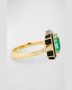 "Find GOSHWARA 18k G-one Statement Ring With Diamonds And Black Enamel on Editorialist. Goshwara \"GOne\" cocktail ring Approx. 6.6mm x 5.9mm 18karat solid yellow gold and black enamel 36 round white diamonds; 0.34 total carat weight 1 emerald in a fourprong setting; 1.140 total carat weight Easily clean with soap and water Imported" Emerald Statement Ring, Asscher Cut Ring, Green Emerald Ring, Emerald Ring Gold, Emerald Cut Rings, Gold Statement Ring, Stud Jewelry, Enamel Ring, Emerald Jewelry