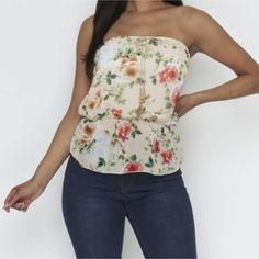 Available In Sizes S/M/L Nwot - Beige Floral Print Allover Tube Top With An Added Cute Accent On Front - Elastic On Waist - Half Lining - Flowy - Really Fresh Material For A Sunny Day Out - 100% Polyester And Lining 100% Polyester - Pullover Sleeveless Beige Top For Day Out, Beige Sleeveless Top For Day Out, Sleeveless Beige Floral Print Top, Beige Sleeveless Floral Print Top, Sleeveless Beige Blouse With Floral Print, Floral Sleeveless, Sunny Day, Tube Top, Sunnies