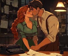 a man and woman kissing in front of an old typewriter with papers on the table