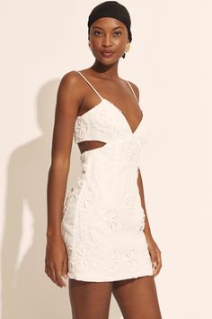 The Loressa Lace Mini Dress features a lace embroidered design in a mini length silhouette with narrow adjustable straps, a v-neckline, side cutouts and a back zip closure. SIZING: True to size  AU: Model wears a size 8 / US: Model wears a size 4.FABRICATION: Main: 100% polyester. Main embroidery: 100% polyester. Lining: 100% cotton. Exclusive of trims. - V-neckline - Narrow adjustable straps - Side cutout details - Centre back invisble zipper - Fully lined Corsets Fashion, Bardot Junior, Orchid White, Mum Jeans, Day To Night Dresses, White Cocktail Dress, Wide Jeans, Denim Shoes, Size 12 Jeans