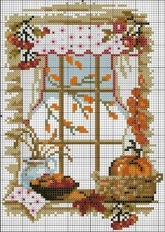 a cross stitch pattern with pumpkins and other items on the window sill,