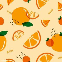 an orange pattern with green leaves and sliced oranges on a yellow background that is seamless