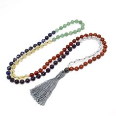 Knotted Real Gemstone Chakra 108 Bead Mala - Prayer Beads - 8mm. Properties of the Chakra Stones: ~ Root - Red Jasper: Removes stress, grounds one's energy, calms one's mind. Enhances vitality, stamina & endurance. ~ Sacral - Carnelian: Grounds, boosts and stabilizes energy, transmits warmth, protection and inner security to its surroundings. ~ Solar Plexus - Citrine: Brings joy, comfort & healing. Manifests success, abundance and generosity. ~ Heart - Aventurine: Stone of opportunity, comforts, Wrist Mala, Aventurine Stone, 108 Mala Beads, Brings Joy, 108 Bead, Solar Plexus, Chakra Stones, Get Real, Red Jasper