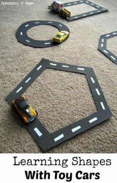 a toy car track with cars on it and the words learning shapes with toy cars