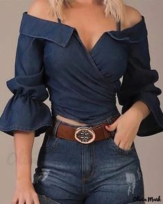 TOPS – Olivia Mark Denim Shorts Outfit, Denim On Denim, Flared Sleeves Top, Shirt Diy, Outfit Jeans, Half Skirt, Blouse Material, Womens Tops Summer, Shoulder Shirts