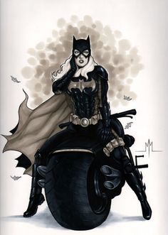 a drawing of a woman dressed as batgirl sitting on top of a motorcycle tire