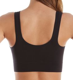 This bra is all soft knit comfort that has a shape-retaining design, is totally free of seams, and has moisture-management properties. Wireless, seamless molded cup is unlined (unpadded) and shaped for a comfortable stretchy fit. Deep V-neckline has a sewn-on elastic edge. Specially knit ribbed zones at center for a comfortable fit. Wide, two-ply stretch ribbed underband fits close to you and stays in place. Tall, smoothing sides and back have sewn-on elastic along top with underband at bottom. Casual Black Seamless Fabric Top, Comfortable Seamless Activewear, Comfortable Black Activewear For Relaxation, Full Coverage Stretch Sports Bra For Loungewear, Stretch Full Coverage Sports Bra For Loungewear, Comfortable Stretch Tops Bra Friendly, Black Seamless Sports Bra For Loungewear, Supportive Seamless Casual Top, Black Seamless Tops For Loungewear