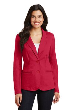 Port Authority ® Ladies Knit Blazer. LM2000 - RICH RED - XS | Port Authority Women's Knit Blazer Coat in Rich Red Size XS | Cotton/Polyester Blend Modern Blazer, Ladies Coat, Port Authority, Peak Lapel, Knit Blazer, Red Blazer, Womens Blazers, Knitting Women, Sports Jacket