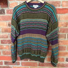 "90s textured 3D cotton knit  sweater in an olive green, teal and purple, Abstract art, Coogi style by Harry Rosen, Size: M per tag shoulders: 23\" | bust: 42\" | length: 25\" Material: textured 3D cotton Condition: Very Nice Vintage,  Brand: Harry Rosen , made in Hong Kong" Purple Abstract Art, Abstract Art Pattern, Hip Hop Clothing, Geometric Knit, Snowflake Sweater, Fluffy Sweater, Vintage Clothes Women, Basic Sweaters, Summer Sweaters