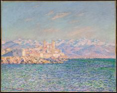 an oil painting of a city by the ocean with mountains in the background and blue water