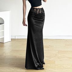 Gothic Velvet High Waist Pencil Maxi Skirt - Vedlit Slim Black Skirt Outfit, Gothic Skirt Long, Goth Long Skirt Outfit, Long Black Lace Skirt, Skirts Y2k, Maxi Pencil Skirt, Ankle Length Skirt, Fishtail Skirt, Trumpet Skirt