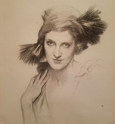 a pencil drawing of a woman with feathers on her head