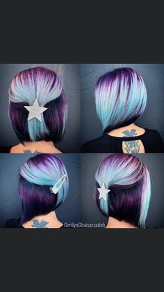 Fun Hair Trends, Fun Hair Colors, Galaxy Hair Color, Exotic Hair Color, Bob Hairstyle Ideas, Shoulder Haircut, Haircut For Women, Purple Ombre Hair, Galaxy Hair