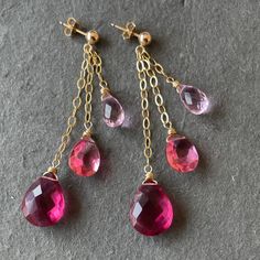 Pink 14k Gold Filled Dangle Jewelry, Pink 14k Gold-filled Wire Wrapped Earrings, Pink 14k Gold-filled Dangle Jewelry, Pink Teardrop 14k Gold Filled Jewelry, Pink Briolette Earrings For Pierced Ears, Pink Long Drop Chandelier Earrings As Gift, Pink 14k Gold Filled Drop Earrings, Color Quartz, Island Park